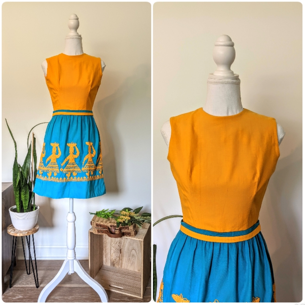 True vintage 1960s yellow and turquoise ethnic embroidery dress  sz xxs